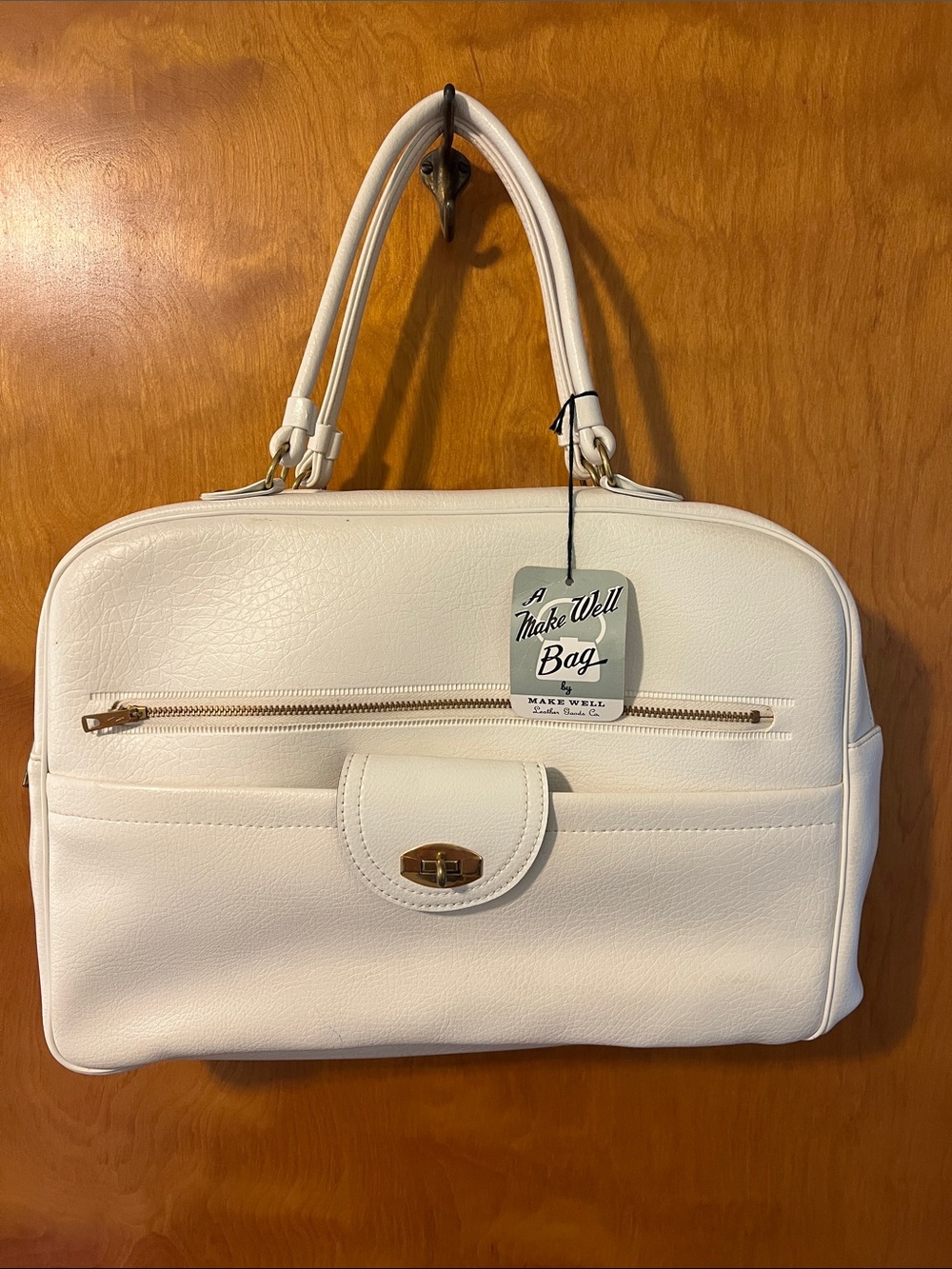 Vintage Make Well White Leather Tote Bag